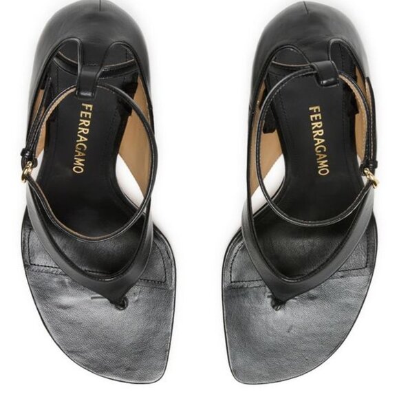 FERRAGAMO LEATHER BLACK LELIU 95 MM RIBBON ANKLE-WRAP THONG SANDALS SIZE 7C NIB - Picture 4 of 5